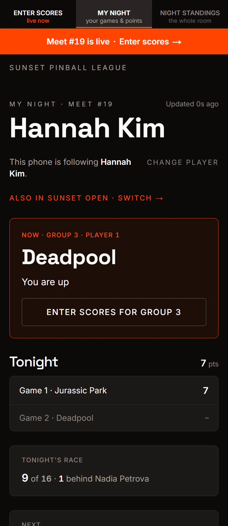 Find my group for Hannah Kim: now on Deadpool with group 3, tonight's points game by game, and the race for the night